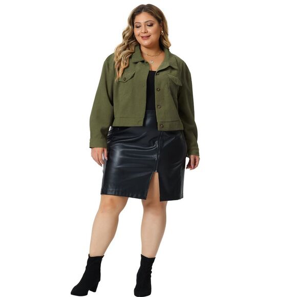 Plus Size Lightweight Cropped Button Down Corduroy Shacket Jackets Army Green - Picture 3 of 5